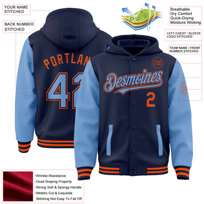 Custom Navy Light Blue-Orange Bomber Full-Snap Varsity Letterman Two Tone Hoodie Jacket