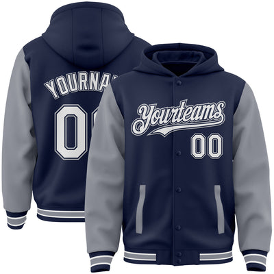 Custom Navy White-Gray Bomber Full-Snap Varsity Letterman Two Tone Hoodie Jacket