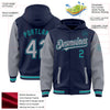 Custom Navy Gray-Teal Bomber Full-Snap Varsity Letterman Two Tone Hoodie Jacket