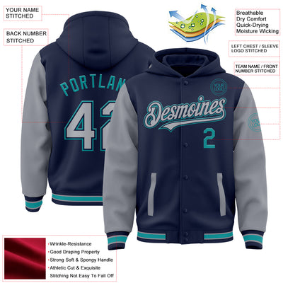 Custom Navy Gray-Teal Bomber Full-Snap Varsity Letterman Two Tone Hoodie Jacket