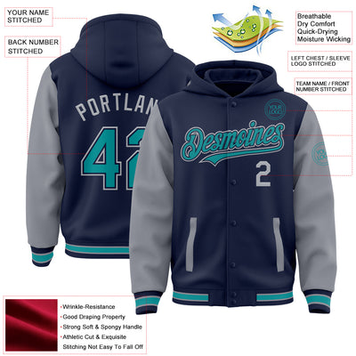 Custom Navy Teal-Gray Bomber Full-Snap Varsity Letterman Two Tone Hoodie Jacket