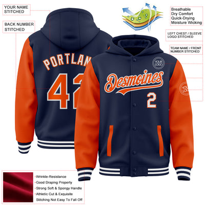 Custom Navy Orange-White Bomber Full-Snap Varsity Letterman Two Tone Hoodie Jacket