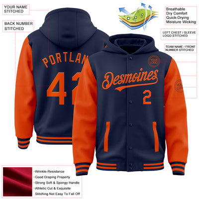 Custom Navy Orange Bomber Full-Snap Varsity Letterman Two Tone Hoodie Jacket