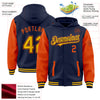 Custom Navy Gold-Orange Bomber Full-Snap Varsity Letterman Two Tone Hoodie Jacket