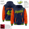 Custom Navy Neon Green-Orange Bomber Full-Snap Varsity Letterman Two Tone Hoodie Jacket