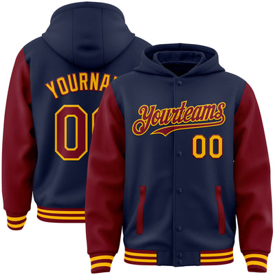 Custom Navy Crimson-Gold Bomber Full-Snap Varsity Letterman Two Tone Hoodie Jacket