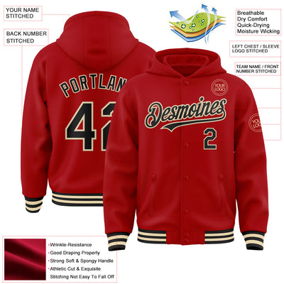 Custom Red Black-Cream Bomber Full-Snap Varsity Letterman Hoodie Jacket