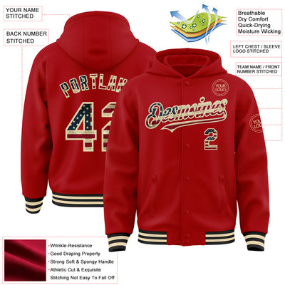 Custom Red Vintage USA Flag Cream-Black Bomber Full-Snap Varsity Letterman Hoodie Jacket