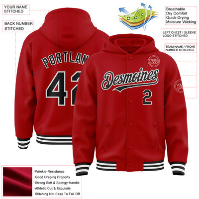 Custom Red Black-White Bomber Full-Snap Varsity Letterman Hoodie Jacket