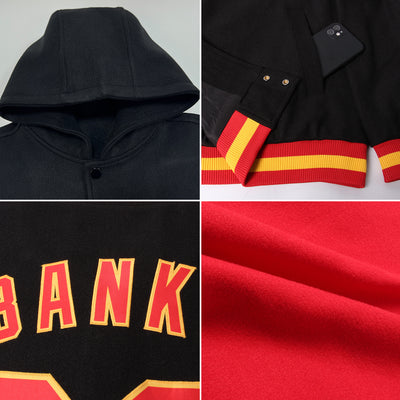 Custom Red Black-Gold Bomber Full-Snap Varsity Letterman Hoodie Jacket