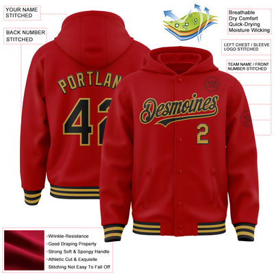 Custom Red Black-Old Gold Bomber Full-Snap Varsity Letterman Hoodie Jacket