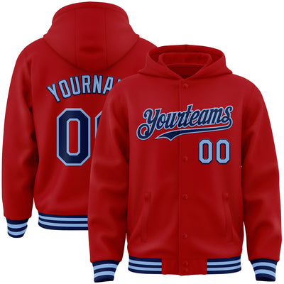 Custom Red Navy-Light Blue Bomber Full-Snap Varsity Letterman Hoodie Jacket