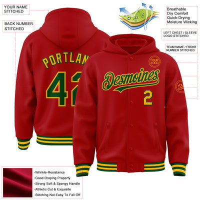 Custom Red Green-Gold Bomber Full-Snap Varsity Letterman Hoodie Jacket