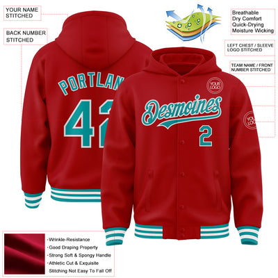 Custom Red Teal-White Bomber Full-Snap Varsity Letterman Hoodie Jacket