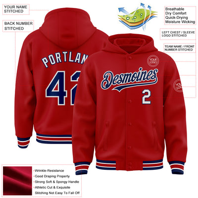 Custom Red Navy-White Bomber Full-Snap Varsity Letterman Hoodie Jacket