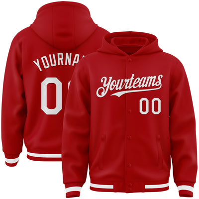 Custom Red White Bomber Full-Snap Varsity Letterman Hoodie Jacket