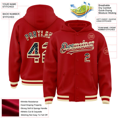 Custom Red Vintage USA Flag-Cream Bomber Full-Snap Varsity Letterman Hoodie Jacket