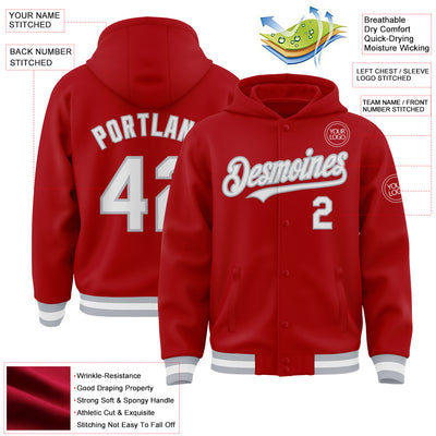 Custom Red White-Gray Bomber Full-Snap Varsity Letterman Hoodie Jacket