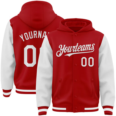 Custom Red White Bomber Full-Snap Varsity Letterman Two Tone Hoodie Jacket