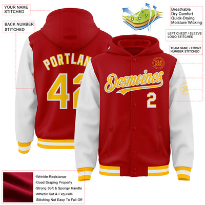 Custom Red Gold-White Bomber Full-Snap Varsity Letterman Two Tone Hoodie Jacket