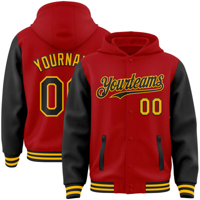 Custom Red Black-Gold Bomber Full-Snap Varsity Letterman Two Tone Hoodie Jacket