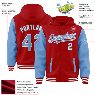 Custom Red Light Blue-White Bomber Full-Snap Varsity Letterman Two Tone Hoodie Jacket