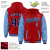 Custom Red Navy-Light Blue Bomber Full-Snap Varsity Letterman Two Tone Hoodie Jacket