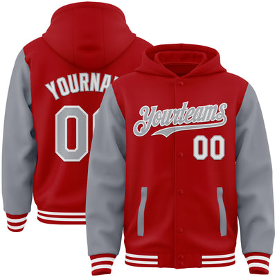 Custom Red Gray-White Bomber Full-Snap Varsity Letterman Two Tone Hoodie Jacket