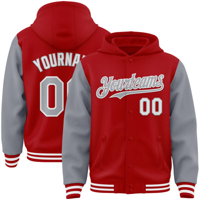 Custom Red Gray-White Bomber Full-Snap Varsity Letterman Two Tone Hoodie Jacket