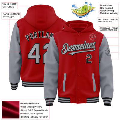 Custom Red Gray-Black Bomber Full-Snap Varsity Letterman Two Tone Hoodie Jacket