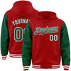 Custom Red Kelly Green-White Bomber Full-Snap Varsity Letterman Two Tone Hoodie Jacket