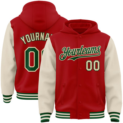 Custom Red Green-Cream Bomber Full-Snap Varsity Letterman Two Tone Hoodie Jacket