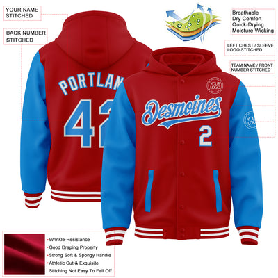 Custom Red Powder Blue-White Bomber Full-Snap Varsity Letterman Two Tone Hoodie Jacket