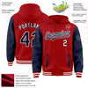 Custom Red Navy-White Bomber Full-Snap Varsity Letterman Two Tone Hoodie Jacket