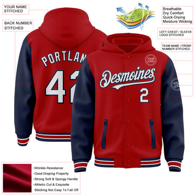 Custom Red White-Navy Bomber Full-Snap Varsity Letterman Two Tone Hoodie Jacket