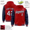 Custom Red White-Navy Bomber Full-Snap Varsity Letterman Two Tone Hoodie Jacket