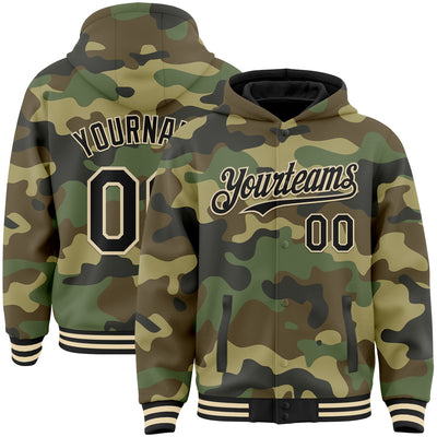 Custom Camo Black-Cream 3D Bomber Full-Snap Varsity Letterman Salute To Service Hoodie Jacket