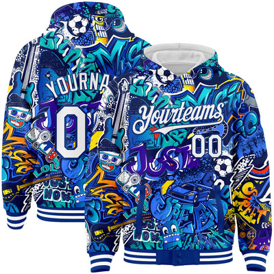 Custom Graffiti Pattern White-Royal Abstract Urban Street Art 3D Bomber Full-Snap Varsity Letterman Hoodie Jacket