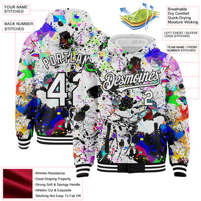 Custom Graffiti Pattern White-Black Splash 3D Bomber Full-Snap Varsity Letterman Hoodie Jacket