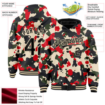 Custom Camo Black-Cream 3D Bomber Full-Snap Varsity Letterman Salute To Service Hoodie Jacket