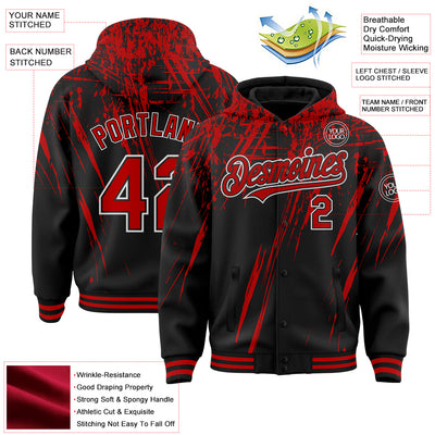 Custom Black Red-White Splash 3D Pattern Design Bomber Full-Snap Varsity Letterman Hoodie Jacket