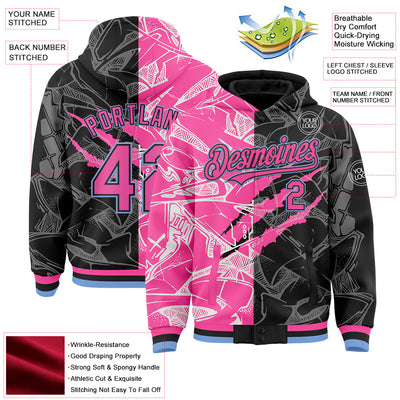 Custom Graffiti Pattern Pink Black-Light Blue Scratch 3D Bomber Full-Snap Varsity Letterman Hoodie Jacket