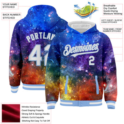 Custom Galactic White-Light Blue 3D Bomber Full-Snap Varsity Letterman Hoodie Jacket