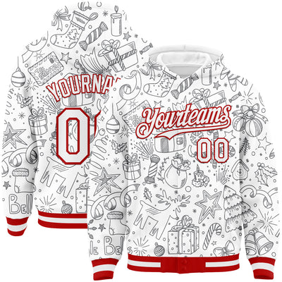 Custom White Red Christmas 3D Bomber Full-Snap Varsity Letterman Hoodie Jacket