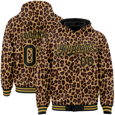 Custom Brown Black-Old Gold Leopard Print 3D Pattern Design Bomber Full-Snap Varsity Letterman Hoodie Jacket