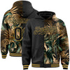 Custom Black Old Gold Tropical Hawaii Jungle Leaves 3D Bomber Full-Snap Varsity Letterman Hoodie Jacket