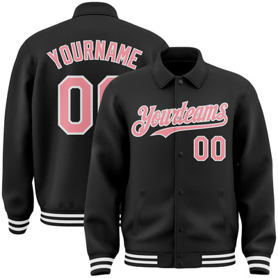 Custom Black Medium Pink-White Bomber Full-Snap Varsity Letterman Lapel Collar Byron Jacket