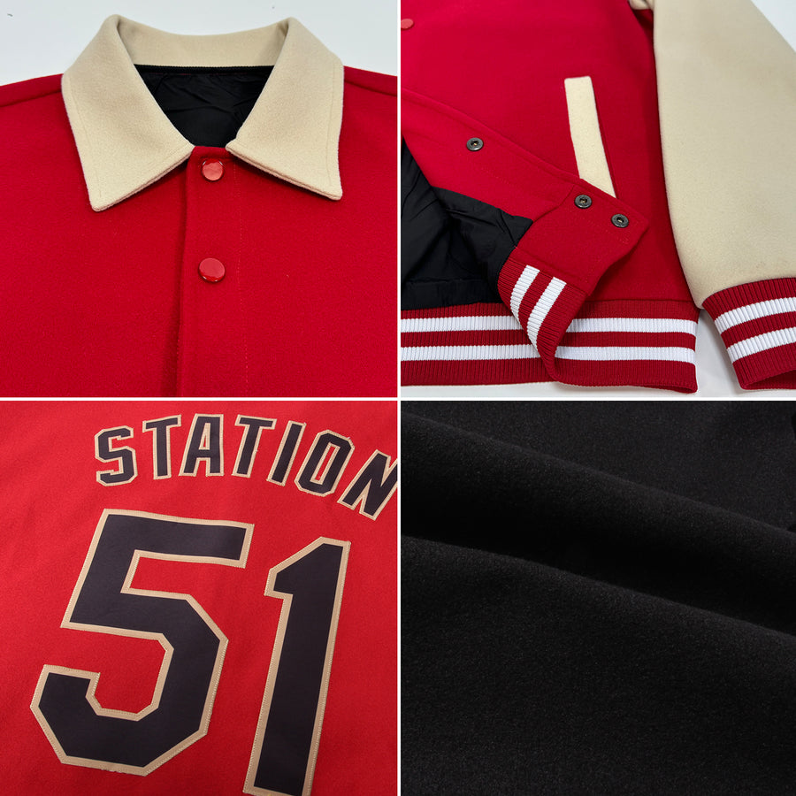 Custom Black Red-Old Gold Bomber Full-Snap Varsity Letterman Lapel Collar Byron Jacket