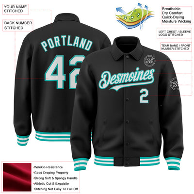 Custom Black White-Aqua Bomber Full-Snap Varsity Letterman Lapel Collar Byron Jacket