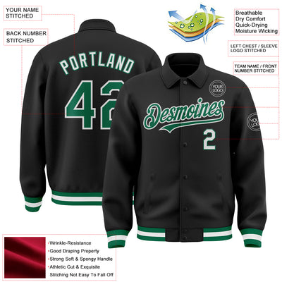 Custom Black Kelly Green-White Bomber Full-Snap Varsity Letterman Lapel Collar Byron Jacket